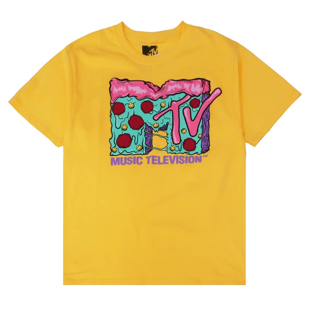 MTV Music Television Men's Official Licensed Retro T-Shirt - Yellow MTV Pizza